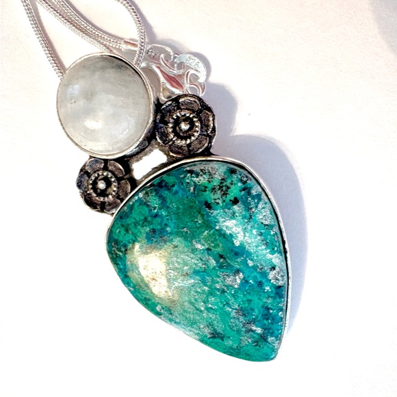 Jewelry - 2 inch, Long Chrysocolla and Rainbow Moonstone pendant on a silver chain.